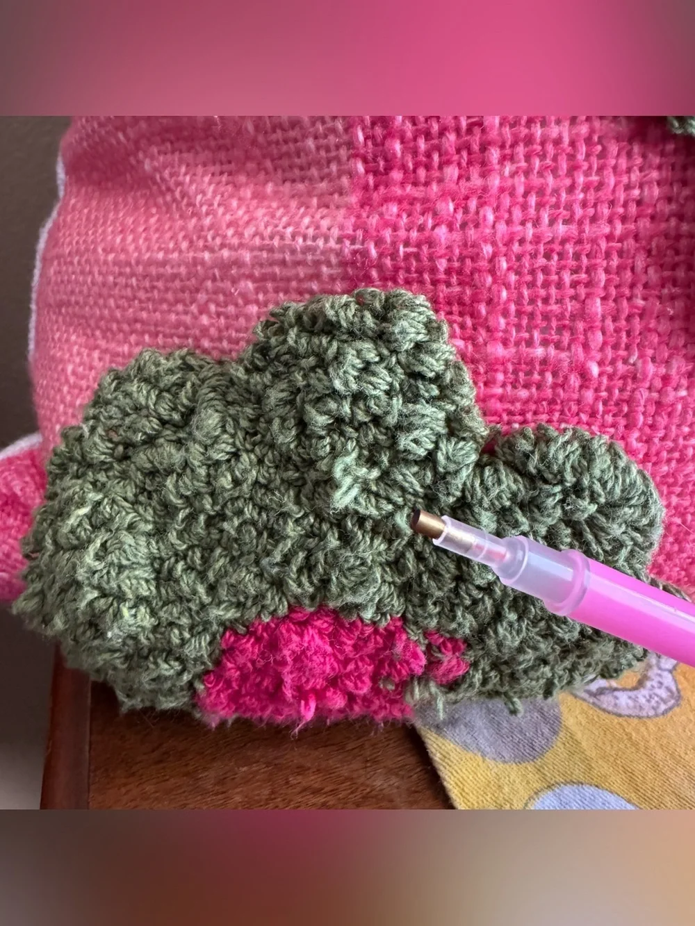 Tuft checkerboard green and pink floral pillow